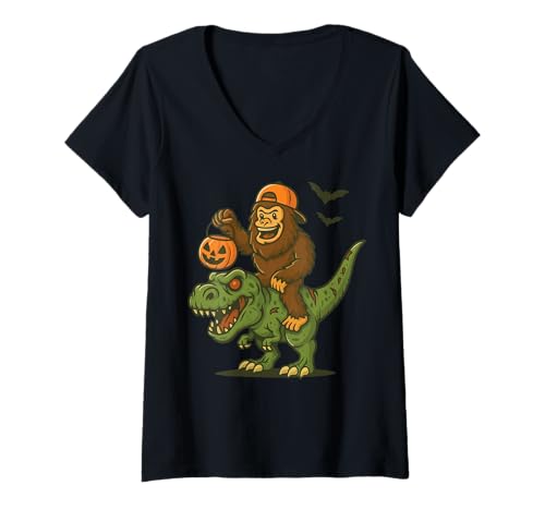 Damen Bigfoot Reitet Auf Einem Dinosaurier Halloween T Rex T-Shirt mit V-Ausschnitt von Halloweenkostüm Bigfoot Dinosaurier T rex