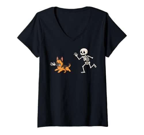 Damen Deutscher Schäferhund Skelett Hand Halloween T-Shirt mit V-Ausschnitt Damen Deutscher Schäferhund Skelett Hand Halloween T-Shirt mit V-Ausschnitt von Halloweenkostüm Lustig Schäfer