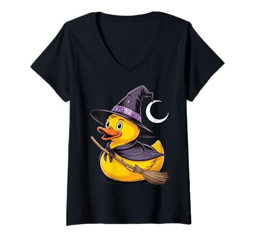 Damen Gummiente Hexe Halloween T-Shirt mit V-Ausschnitt Damen Gummiente Hexe Halloween T-Shirt mit V-Ausschnitt von Halloweenkostüm Quietscheentchen Gruselig Zauberer