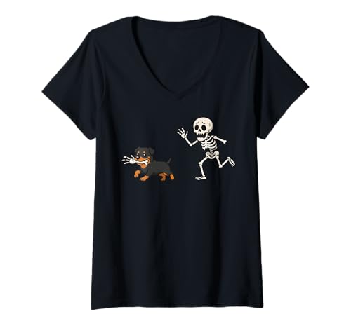 Damen Rottweiler Skelett Hand Halloween T-Shirt mit V-Ausschnitt Damen Rottweiler Skelett Hand Halloween T-Shirt mit V-Ausschnitt von Halloweenkostüm Rottweiler Lustig