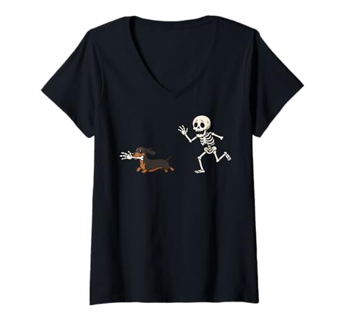 Damen Dackel Skelett Hand Halloween T-Shirt mit V-Ausschnitt Damen Dackel Skelett Hand Halloween T-Shirt mit V-Ausschnitt von Halloweenkostüm Wiener Hund Dackel Lustig