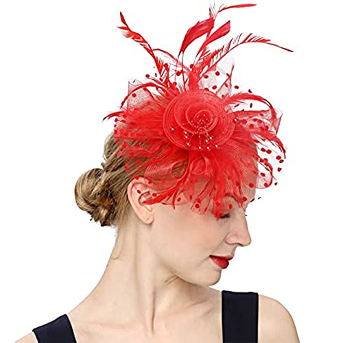 Haloppe Party-Kopfbedeckung, für Damen, Teeparty, Mesh-Feder, Stirnband, dekorativ, eng anliegend, bezaubernd, Kopfschmuck, Rot von Haloppe