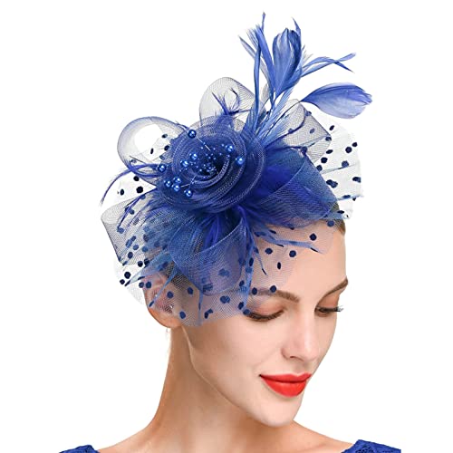 Haloppe Party-Kopfbedeckung für Damen, Teeparty, Mesh-Feder-Stirnband, dekorativ, eng anliegend, charmant, Königsblau von Haloppe