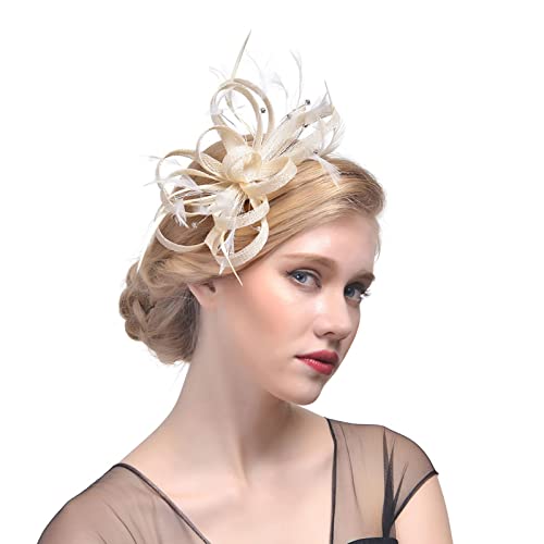 Haloppe Teeparty Fascinator Glänzende Dekoration Vintage Glänzende Strasssteine Braut Kopfbedeckung für Cocktail Party Beige von Haloppe