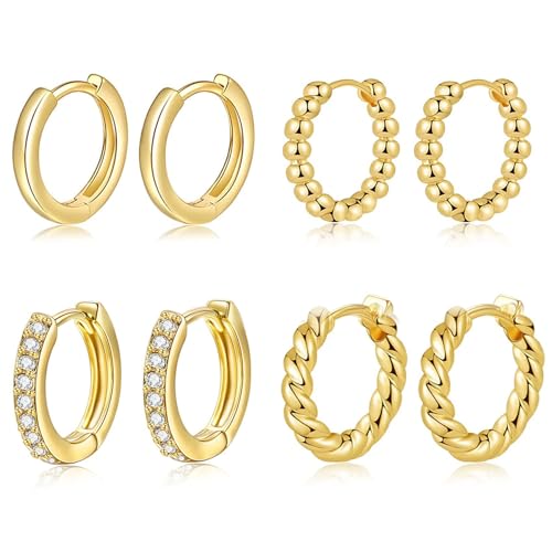 Halora 4 Pairs Creolen Ohrringe Gold Silber Set Klein Zirkonia Hoops Ohrringe Damen Schmuck Geschenke (Gold-4 pairs-10mm) von Halora