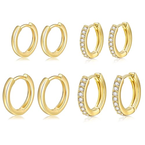 Halora 4 Pairs Creolen Ohrringe Gold Silber Set Klein Zirkonia Hoops Ohrringe Damen Schmuck Geschenke (Gold-4 pairs-8/10mm) von Halora