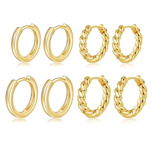 Halora 4 Pairs Creolen Ohrringe Gold Silber Set Klein Zirkonia Hoops Ohrringe Damen Schmuck Geschenke (Gold-4 pairs-8/10mm-twist) von Halora