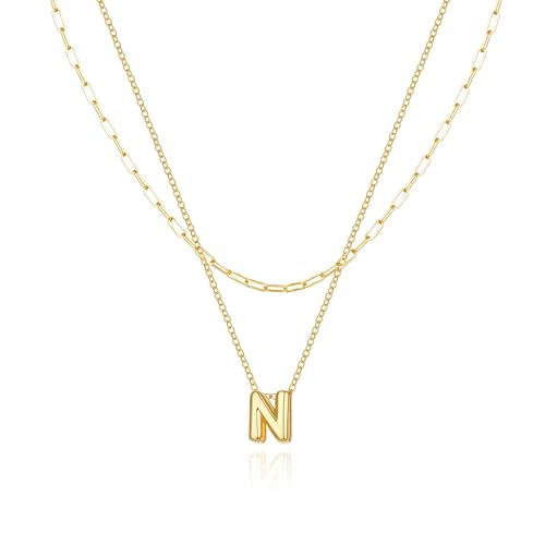 Halora Bubble Letter Necklace Gold Goldene Layering Kette Mit Buchstaben Halskette Anhänger Buchstabenkette Damen Balloon Initial N Necklace von Halora