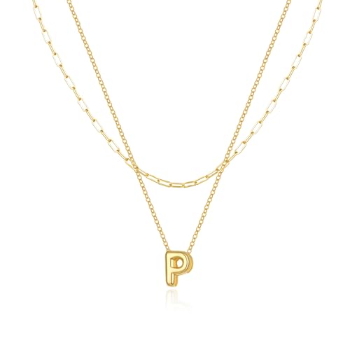 Halora Bubble Letter Necklace Gold Goldene Layering Kette Mit Buchstaben Halskette Anhänger Buchstabenkette Damen Balloon Initial P Necklace von Halora