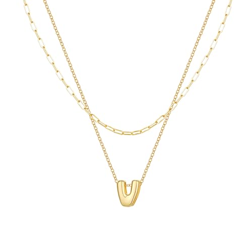 Halora Bubble Letter Necklace Gold Goldene Layering Kette Mit Buchstaben Halskette Anhänger Buchstabenkette Damen Balloon Initial V Necklace von Halora