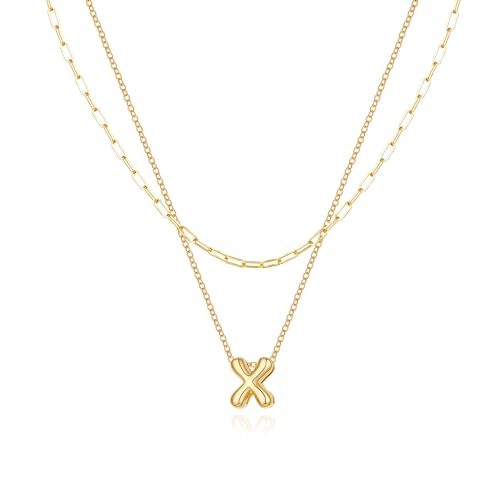 Halora Bubble Letter Necklace Gold Goldene Layering Kette Mit Buchstaben Halskette Anhänger Buchstabenkette Damen Balloon Initial X Necklace von Halora