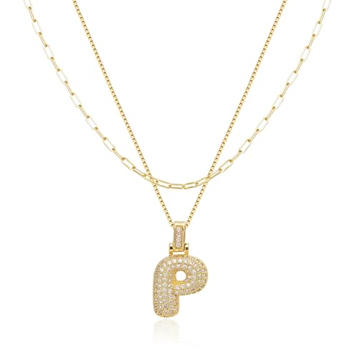 Halora Bubble Letter Necklace Gold Layering Balloon Initial P Necklace Goldene Kette Mit Buchstaben Halskette Anhänger Buchstabenkette Damen von Halora