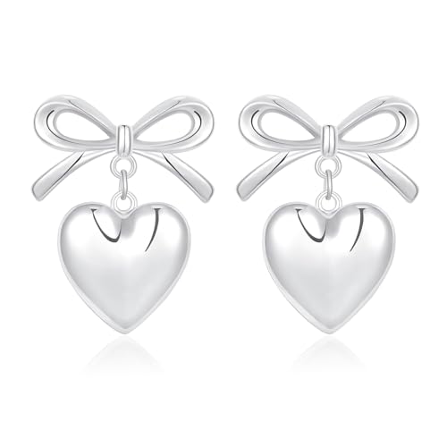 Halora Silver Bow Earrings for Women Girls, Silber Schleifen Ohrringe Dangling Bow Ribbon Earings Jewelry Schmuck (bow heart silver) von Halora