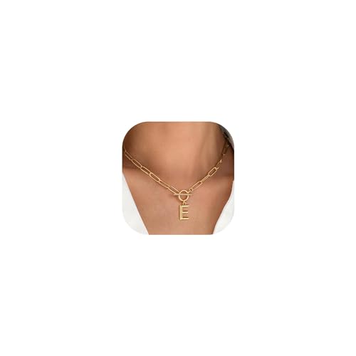 Halora Gold Halskette Mit Buchstaben Anhänger Damen, Goldene Paperclip Initial E Necklace Buchstaben Kette Buchstabenkette Geschenke von Halora