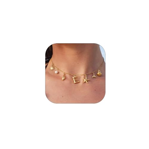 Halora Kette Mit Buchstaben Gold Initial Halsketten, Gold Bubble Letter E Charm Anhänger Halsketten für Frauen Boho Sommer Seashell Beach Schmuck von Halora