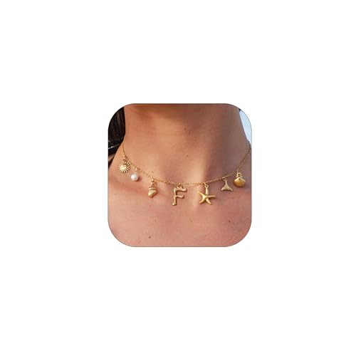 Halora Kette Mit Buchstaben Gold Initial Halsketten, Gold Bubble Letter F Charm Anhänger Halsketten für Frauen Boho Sommer Seashell Beach Schmuck von Halora