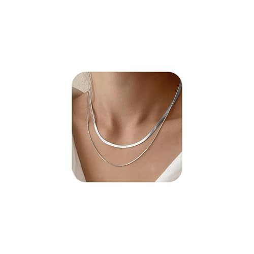 Halora Kette Silber Damen Choker Goldene Kette Frauen 14k Silver Plated Herringbone Chain Necklace Layered Choker Necklace for Women (2pcs chain necklace silver) von Halora