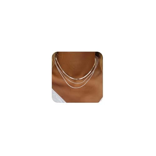 Halora Kette Silber Damen Choker Goldene Kette Frauen 14k Silver Plated Herringbone Chain Necklace Layered Choker Necklace for Women (3pcs chain necklace silver) von Halora