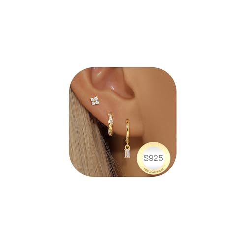 Halora Ohrringe Gold Damen Kleine Creolen Ohrstecker Gold Set Hypoallergen Stapelbar Goldene Ohrringe Stecker Creolen Gifts Square Diamon Earrings for Women von Halora