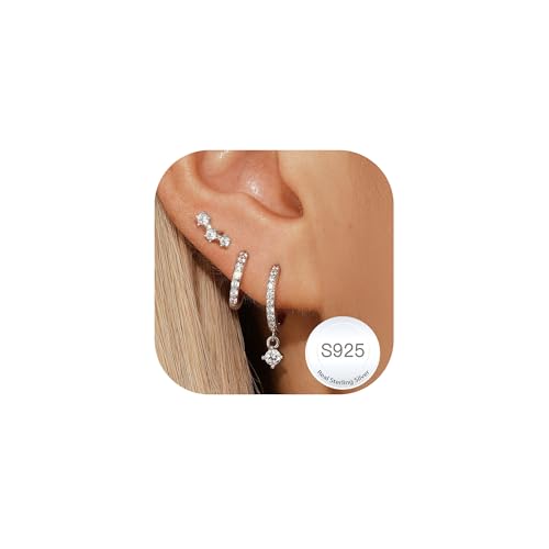 Halora Ohrringe Silber 925 Set Damen Kleine Creolen Ohrstecker Silber Hypoallergen Stapelbar Ohrringe Stecker Creolen Set Gifts Round Diamond Earrings for Women von Halora