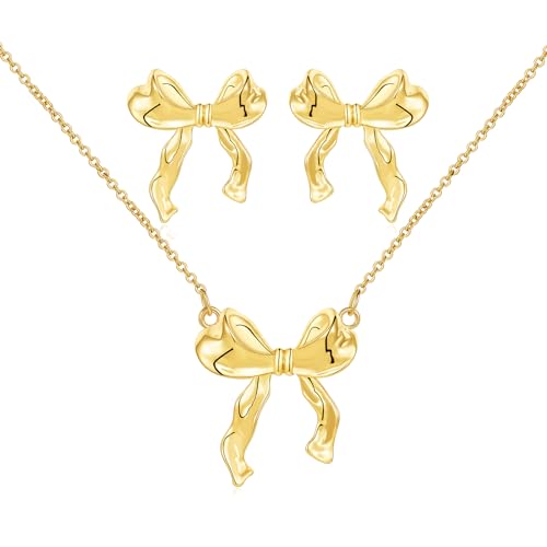 Halora Schleifen Halskette Ohrringe Für Frauen Damen, Gold Silver Bow Necklace and Earrings Set for Women Girls, Bow Ribbon Necklace Earring Jewelry Gift (Necklace Earrings Set-Gold) von Halora