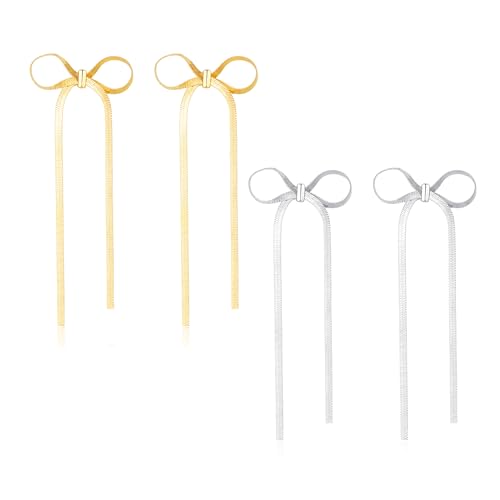 Halora Schleifen Ohrringe Gold&Silver Bow Earrings for Women Girls, Tassel Dangling Bow Ribbon Earings Set Jewelry Schmuck (bow tassels-gold set) von Halora