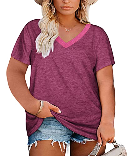 Damen-T-Shirt, Übergröße, V-Ausschnitt, Sommer, kurzärmelig, sexy, lockere Passform, weich, Basic-T-Shirts, 01 - Violett und Rot, XXX-Large Mehr von Haloumoning