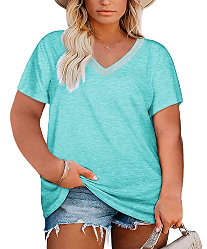 Damen-T-Shirt, Übergröße, V-Ausschnitt, Sommer, kurzärmelig, sexy, lockere Passform, weich, Basic-T-Shirts, 01-light Green, 4X-Large Mehr von Haloumoning