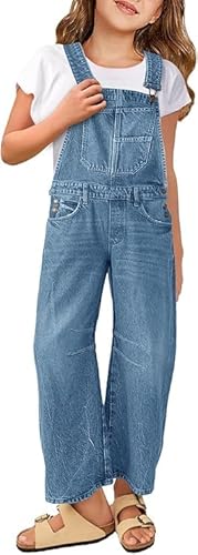 Haloumoning Denim Jumpsuit Mädchen Jeans Latzhose Kinder Ärmelloses Lange Hosen Overall Casual Loose Fit Strampler mit Taschen, Azurblau, 11-12 Jahre von Haloumoning