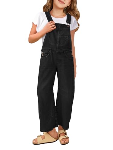 Haloumoning Denim Jumpsuit Mädchen Jeans Latzhose Kinder Ärmelloses Lange Hosen Overall Casual Loose Fit Strampler mit Taschen, Schwarz, 11-12 Jahre von Haloumoning