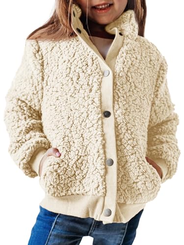Haloumoning Jacke Mädchen Langarm Sherpa Teddy Fleece Mantel Kinder Warme Jacke mit Taschen Knöpfe,Beige,9-10Jahre von Haloumoning