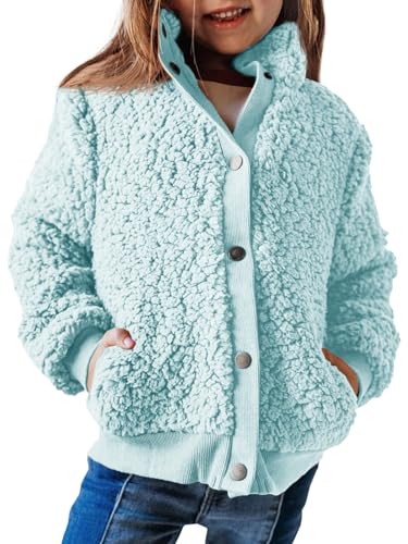 Haloumoning Jacke Mädchen Langarm Sherpa Teddy Fleece Mantel Kinder Warme Jacke mit Taschen Knöpfe,Blau,7-8Jahre von Haloumoning