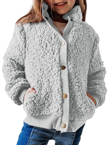 Haloumoning Jacke Mädchen Langarm Sherpa Teddy Fleece Mantel Kinder Warme Jacke mit Taschen Knöpfe,Grau,11-12Jahre von Haloumoning