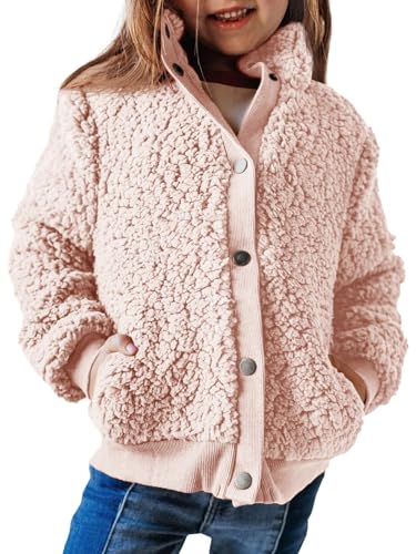 Haloumoning Jacke Mädchen Langarm Sherpa Teddy Fleece Mantel Kinder Warme Jacke mit Taschen Knöpfe,Rosa,7-8Jahre von Haloumoning