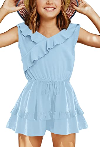 Haloumoning Jumpsuit Mädchen Rüschensaum Loose Fit Ärmellos Strampler Kinder Sommer Casual Shorts mit Taschen Overall,Blau,12-14 Jahre von Haloumoning