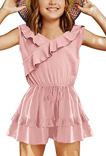 Haloumoning Jumpsuit Mädchen Rüschensaum Loose Fit Ärmellos Strampler Kinder Sommer Casual Shorts mit Taschen Overall,Rosa,4-6Jahre von Haloumoning