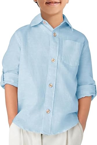 Haloumoning Jungen Hemd Baumwolle Langarm Freizeit Hemden Kinder Einfarbig Button Down Shirt Casual Party Oberteile mit Brusttasche, Blau, 11-12 Jahre von Haloumoning