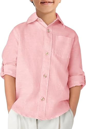 Haloumoning Jungen Hemd Baumwolle Langarm Freizeit Hemden Kinder Einfarbig Button Down Shirt Casual Party Oberteile mit Brusttasche, Rosa, 9-10 Jahre von Haloumoning