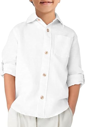 Haloumoning Jungen Hemd Baumwolle Langarm Freizeit Hemden Kinder Einfarbig Button Down Shirt Casual Party Oberteile mit Brusttasche, Weiß, 7-8 Jahre von Haloumoning