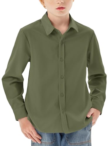 Haloumoning Jungen Hemd Langarm Knopfleiste Shirt Regular Fit Casual Freizeit Party Hemden Einfarbig Bügelleicht Formale Schuluniform Oberteile, Armeegrün, 11-12 Jahre von Haloumoning
