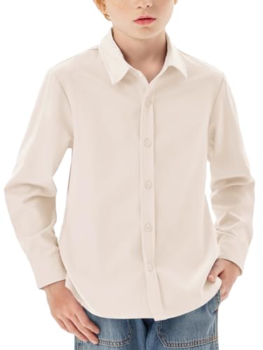 Haloumoning Jungen Hemd Langarm Knopfleiste Shirt Regular Fit Casual Freizeit Party Hemden Einfarbig Bügelleicht Formale Schuluniform Oberteile, Beige, 11-12 Jahre von Haloumoning