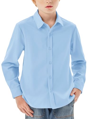 Haloumoning Jungen Hemd Langarm Knopfleiste Shirt Regular Fit Casual Freizeit Party Hemden Einfarbig Bügelleicht Formale Schuluniform Oberteile, Himmelblau, 9-10 Jahre von Haloumoning