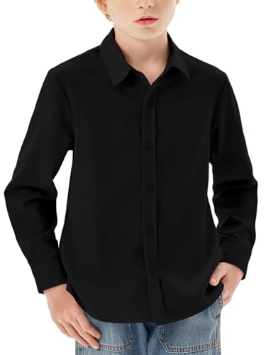 Haloumoning Jungen Hemd Langarm Knopfleiste Shirt Regular Fit Casual Freizeit Party Hemden Einfarbig Bügelleicht Formale Schuluniform Oberteile, Schwarz, 11-12 Jahre von Haloumoning