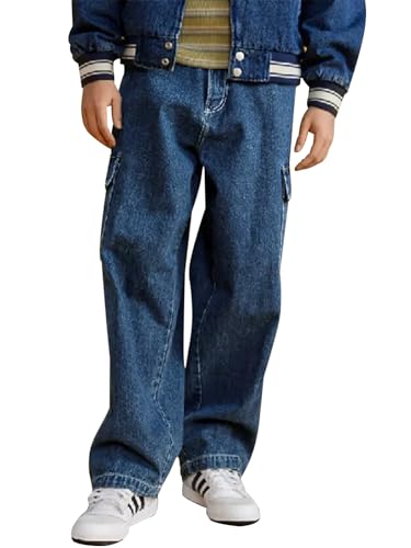 Haloumoning Jungen Jeans Kinder Cargohose Baggy Freizeithose Herbst Mode Casual Denimhose mit Elastischem Bund 5-14 Jahre, Dunkelblau, 7-8 Jahre von Haloumoning