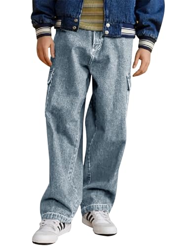 Haloumoning Jungen Jeans Kinder Cargohose Baggy Freizeithose Herbst Mode Casual Denimhose mit Elastischem Bund 5-14 Jahre, Hellblau, 13-14 Jahre von Haloumoning
