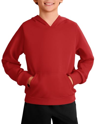Haloumoning Jungen Kapuzenpullover Langarm Mode Hoodie Kinder Einfarbig Casual Regular Fit Hooded Sweatshirt mit Kängurutasche 5-14 Jahre, Rot, 9-10 Jahre von Haloumoning