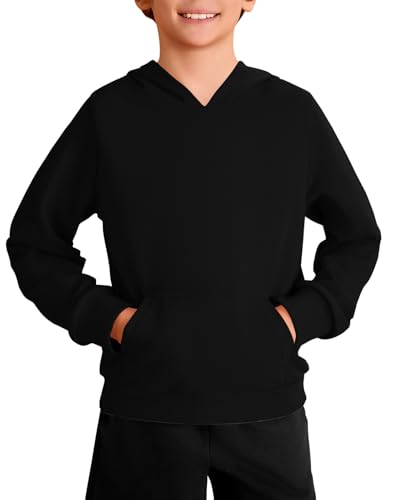 Haloumoning Jungen Kapuzenpullover Langarm Mode Hoodie Kinder Einfarbig Casual Regular Fit Hooded Sweatshirt mit Kängurutasche 5-14 Jahre, Schwarz, 9-10 Jahre von Haloumoning