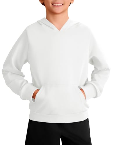 Haloumoning Jungen Kapuzenpullover Langarm Mode Hoodie Kinder Einfarbig Casual Regular Fit Hooded Sweatshirt mit Kängurutasche 5-14 Jahre, Weiß, 7-8 Jahre von Haloumoning