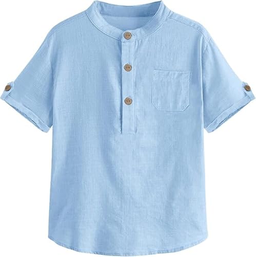 Haloumoning Jungen Kurzarm Hemden Henley Shirt Button Up Baumwolle Oberteile Casual Hemd mit Brusttasche Blau 140 von Haloumoning
