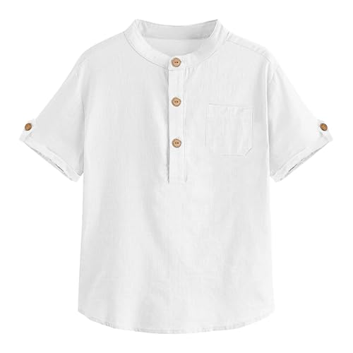 Haloumoning Jungen Kurzarm Hemden Henley Shirt Button Up Baumwolle Oberteile Casual Hemd mit Brusttasche Weiß 120 von Haloumoning